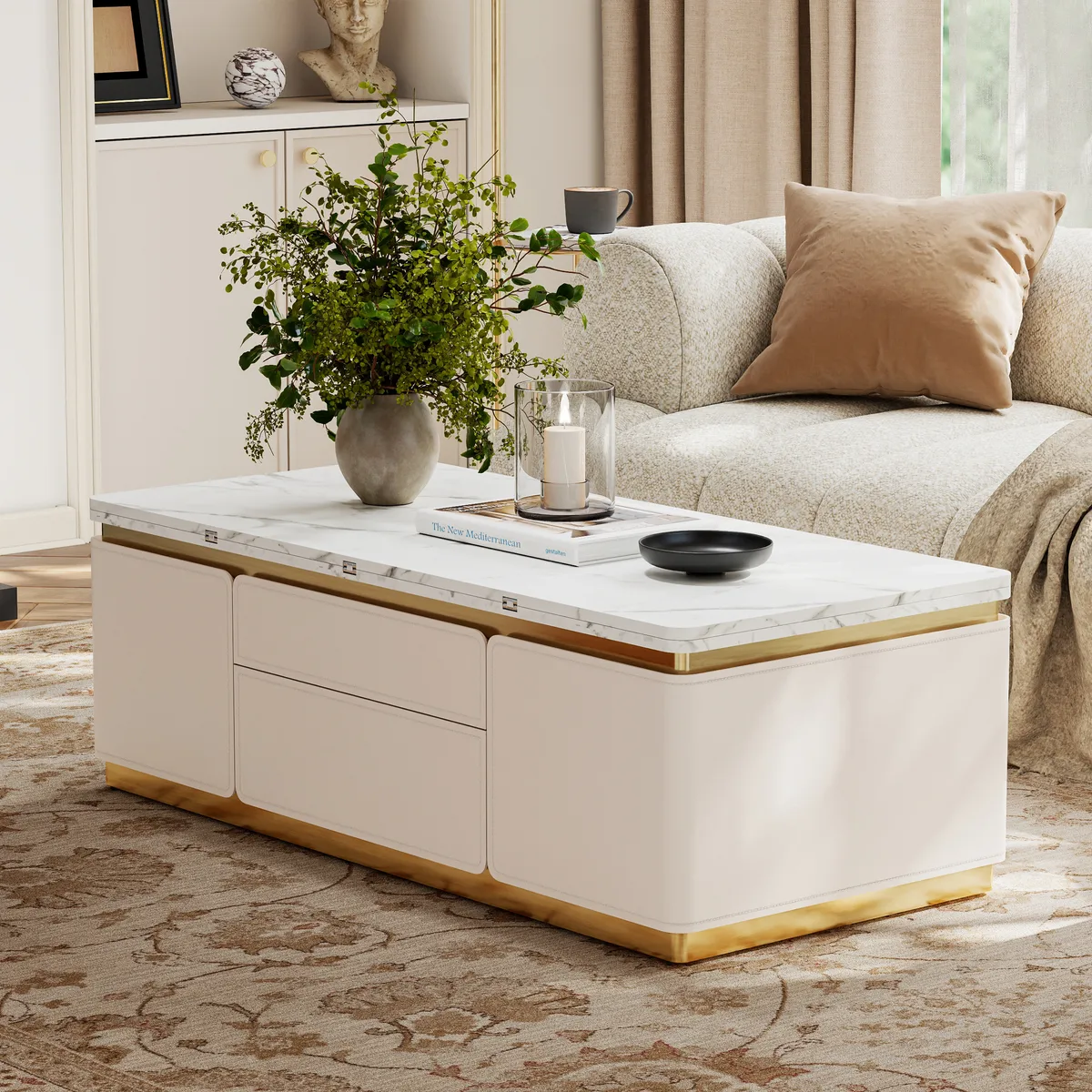 48" Ivory Saddle Leather Lift-Top Coffee Table with 2 Drawers — image 4