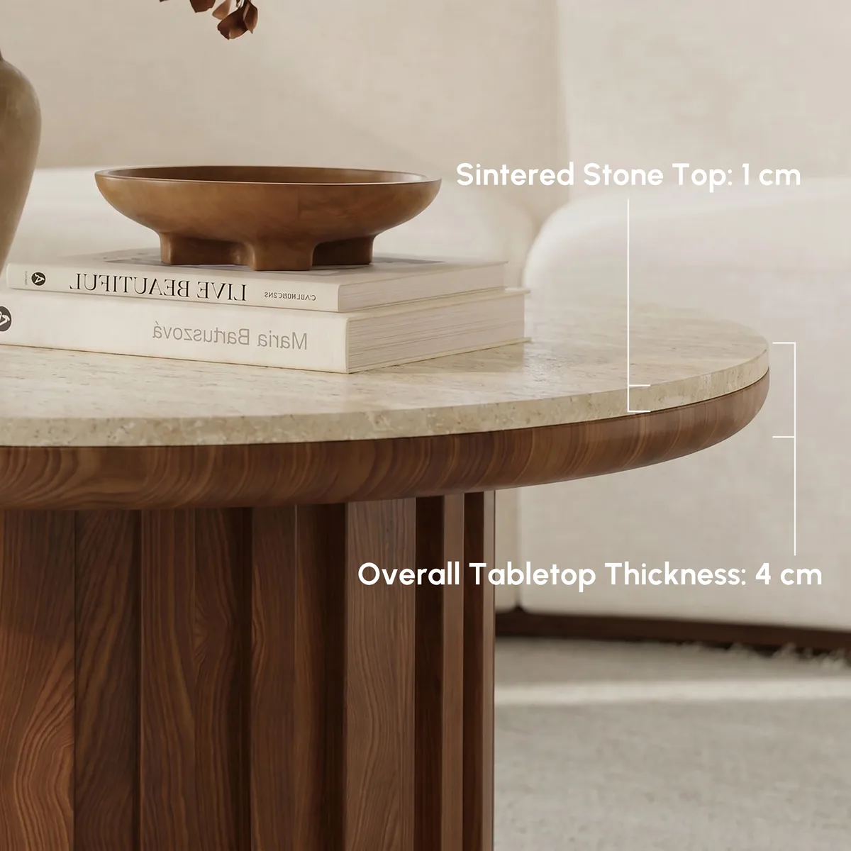 Aura Ash Wood Slatted Round Coffee Table with Sintered Stone Top — image 8