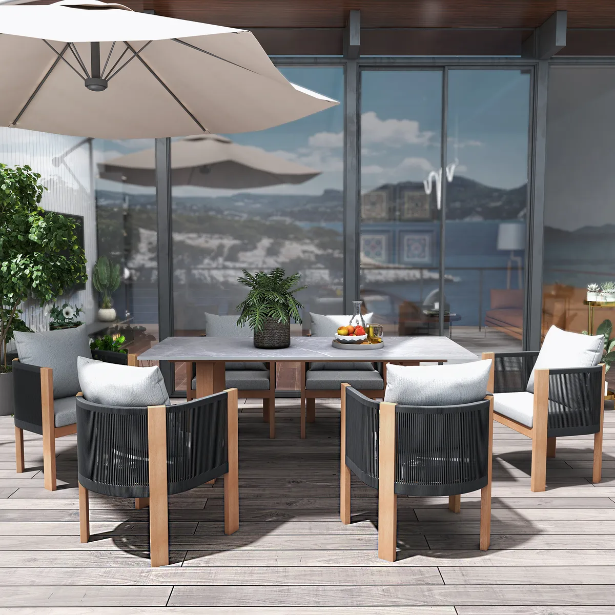 7 PCS 70.9" Faux Marble Outdoor Dining Table Set with Woven Rope Chairs in Gray for 6 Person Patio & Yard Large Marble Outdoor Dining Table with Chair — image 3