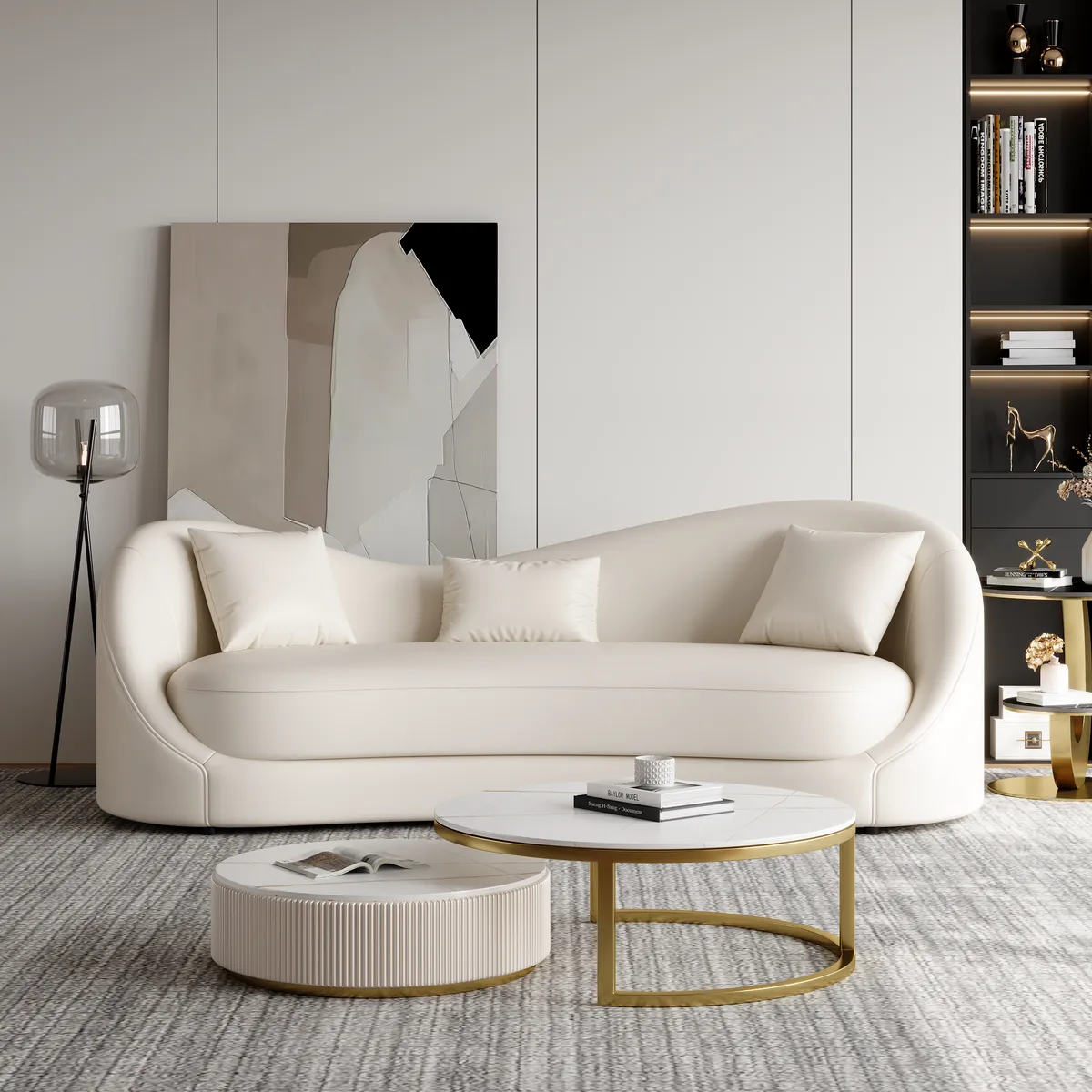 84" Performance Leather Curved Upholstered Sofa with Pillows — image 3