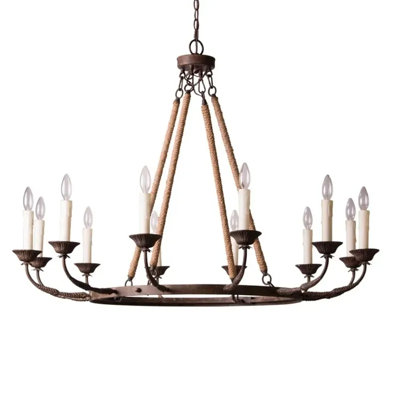 Bever Vintage 12-Light Candelabra Wagon Wheel Chandelier with Flaxen Hemp Rope — image 8