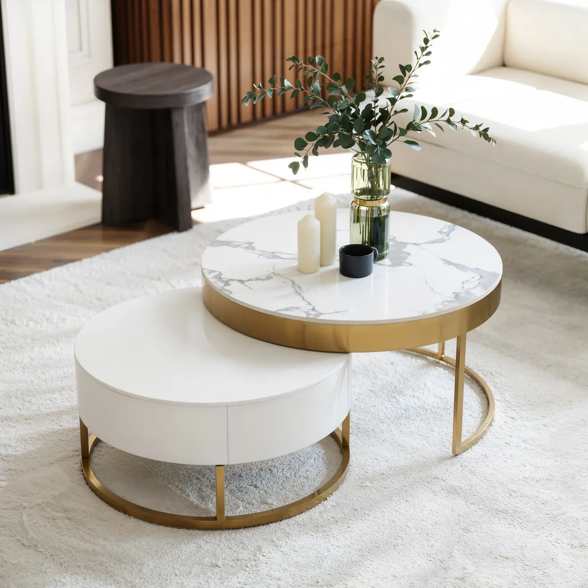 Nesnesis 28"-32" Round Nesting Walnut Coffee Table Set with Sintered Stone Top