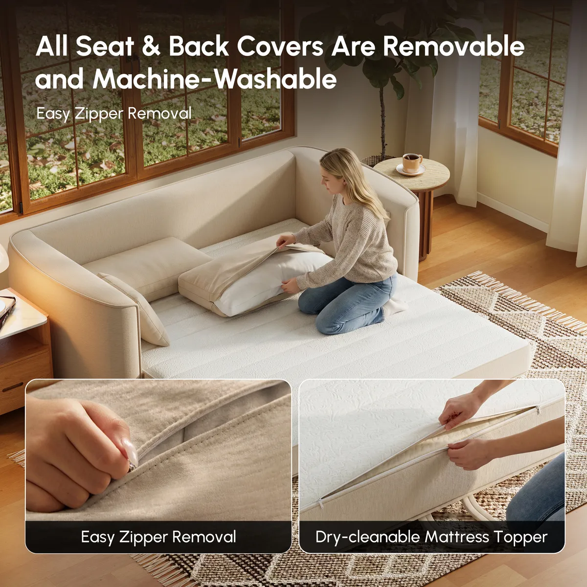 80" Queen 3-Seater Chenille Fold-Down Sleeper Sofa with Removable Cover — image 15