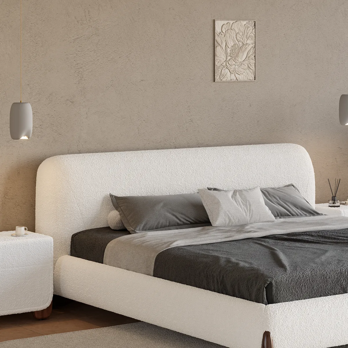 Modern White Boucle Platform Bed King Size Bed Frame & 2-Drawer Smart Boucle Nightstand — image 29