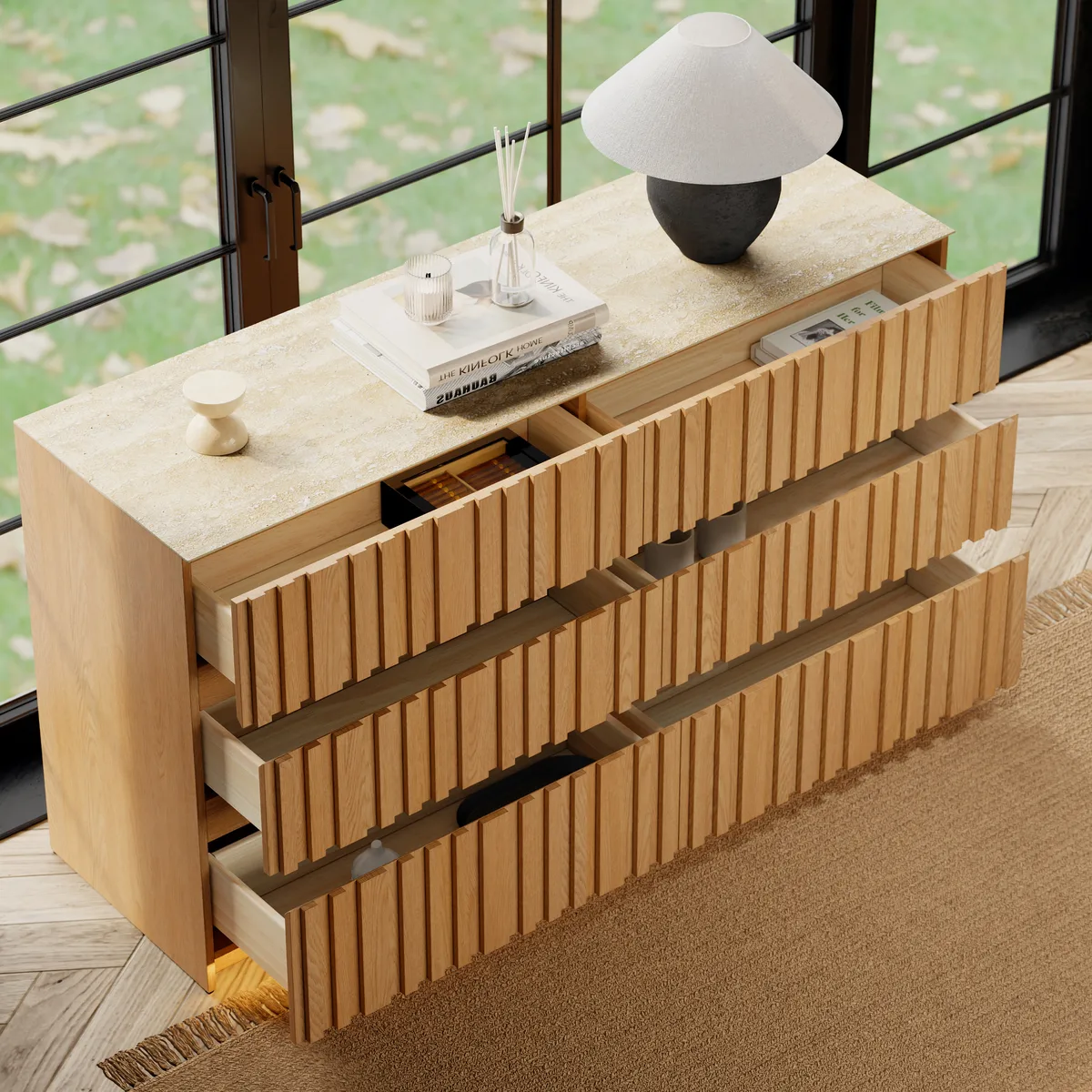 Aura 59" Walnut Sintered Stone 6-Drawer Dresser with Lighting — image 4