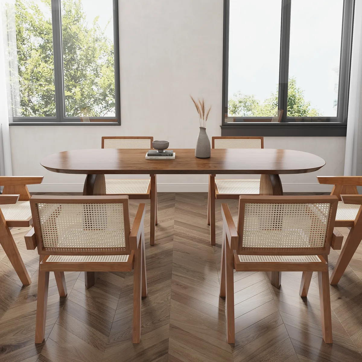 Dining Table Set 70.9" Oval Solid Wood Dining Table & 4 Walnut Japandi Rattan Dining Chairs — image 13