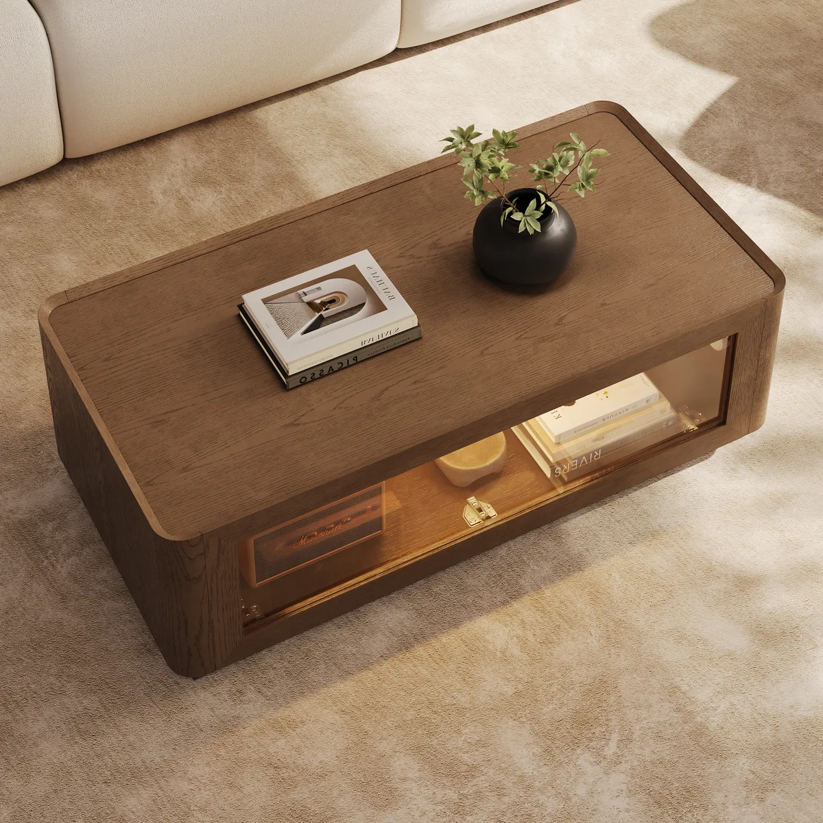 47" Glass Door Walnut Coffee Table with Storage and LED — image 2
