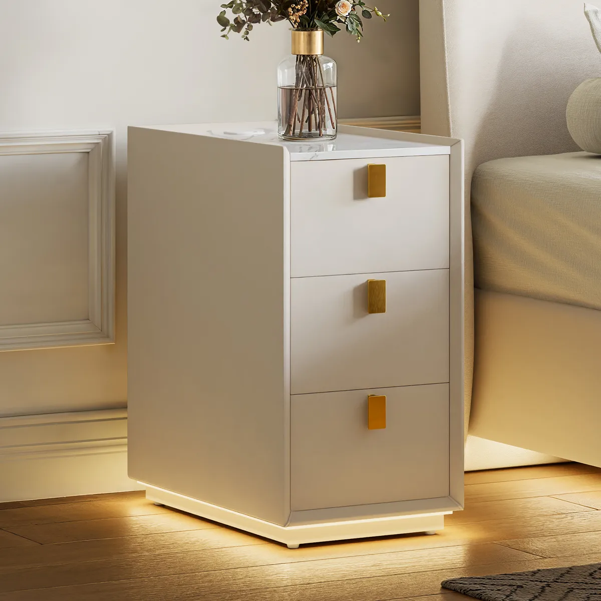 3-Drawer Narrow Bedside Table Faux Leather with Built-in Charging Station | Adjustable Lighting |Sintered Stone Top — image 2