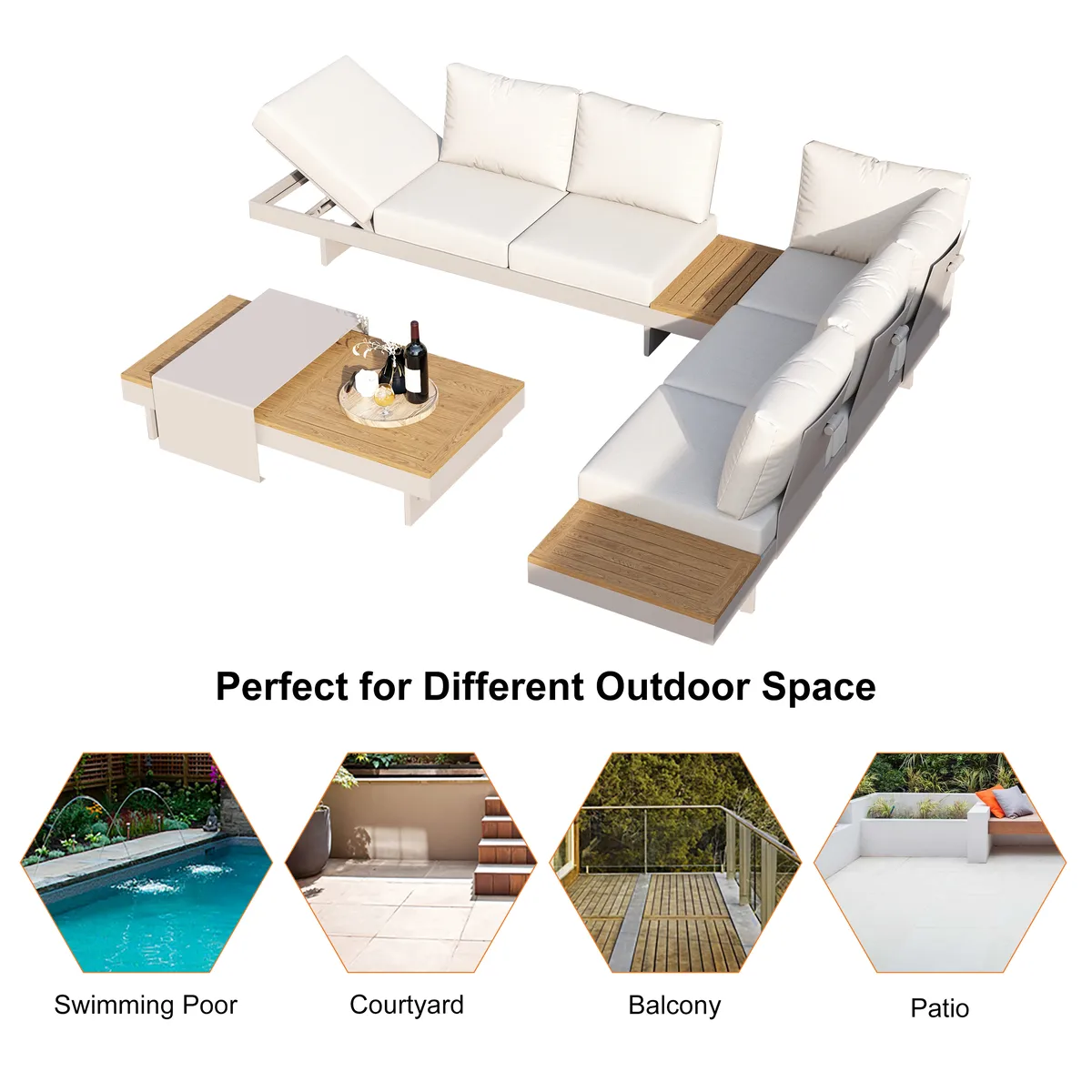 Tevara 7-Piece Outdoor Teak & Aluminum Modular Sofa Set for 6 with Ivory Cover — image 27
