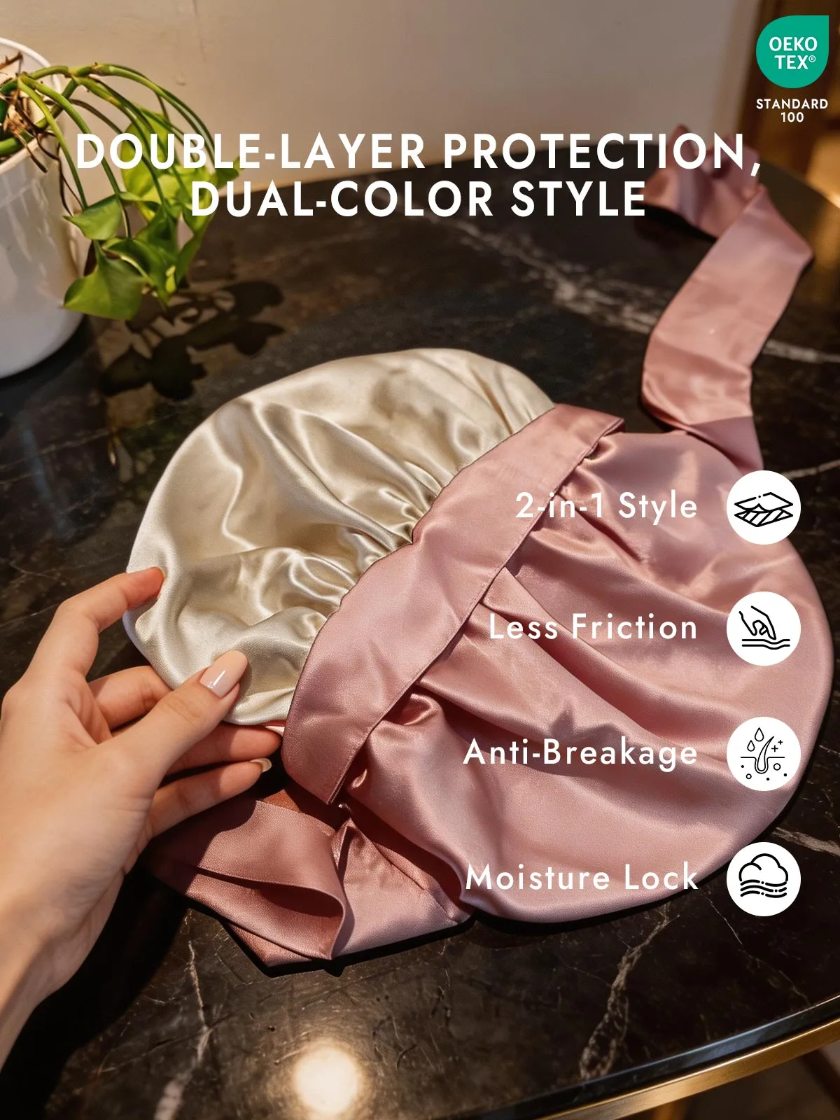 100% Mulberry Silk Casual Bonnet with Long Ribbons (Two-tone and Double-sided) — image 3