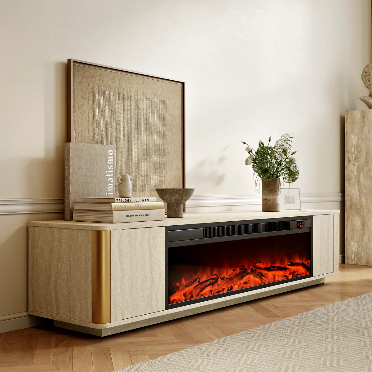 79" Travertine Veneer Electric Fireplace TV Stand with Storage in Oatmeal For living Room — image 3
