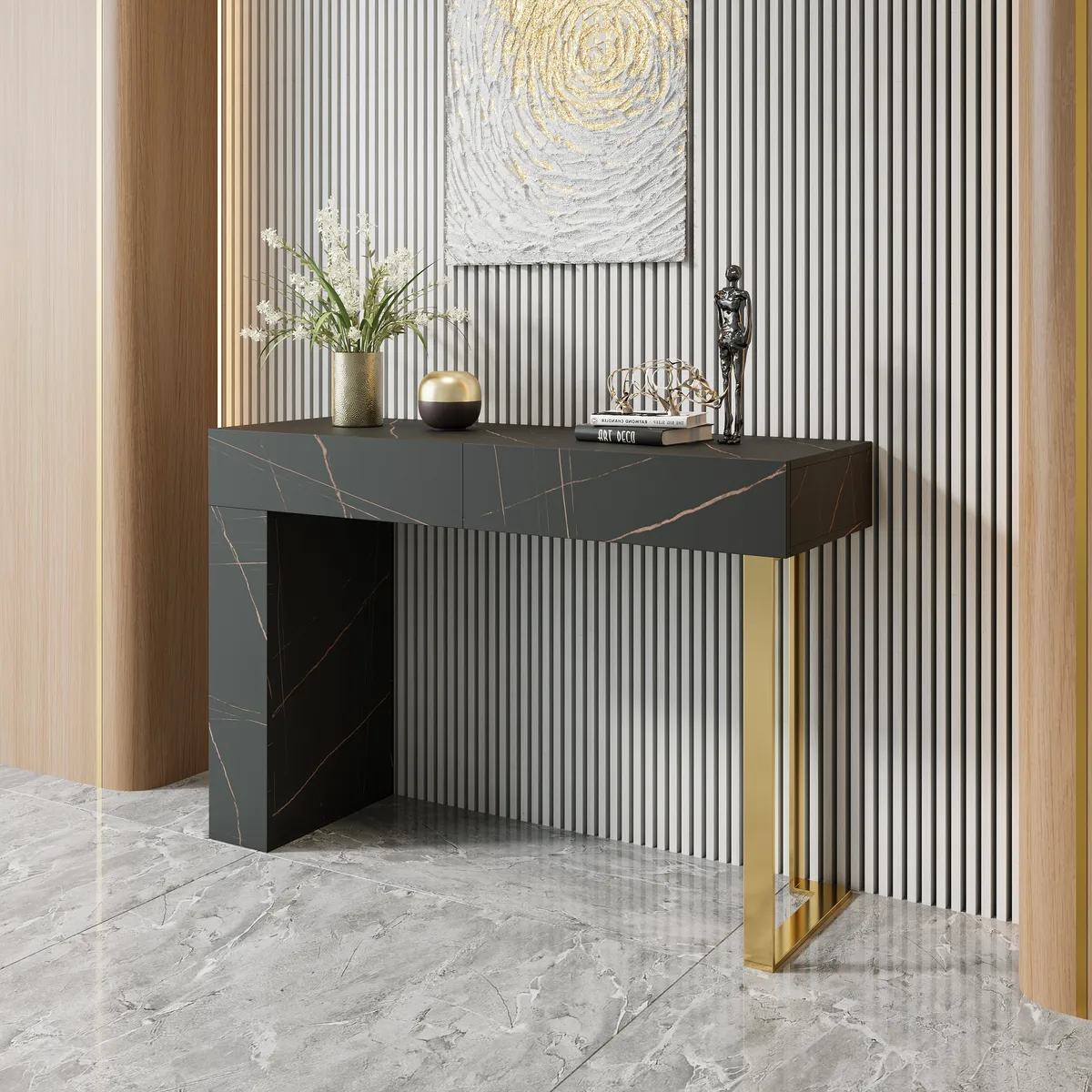 47.2" Black Console Table Modern Accent Table For Entryway with 2 Drawers & Stainless Steeel Base