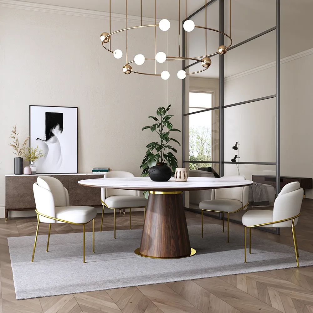 Dining Table Set 48" Round Dining Table White Faux Marble Top with 6 White Cotton & Linen Dining Chairs — image 4
