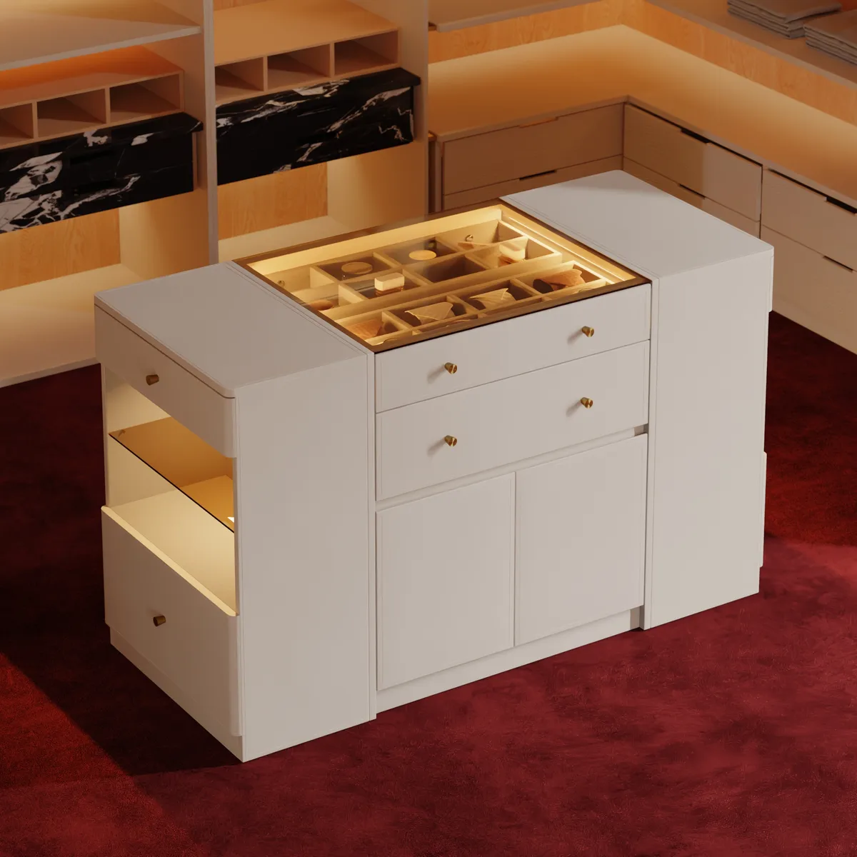 Selvo Saddle Leather Closet Island with Glass Top & Light — image 11