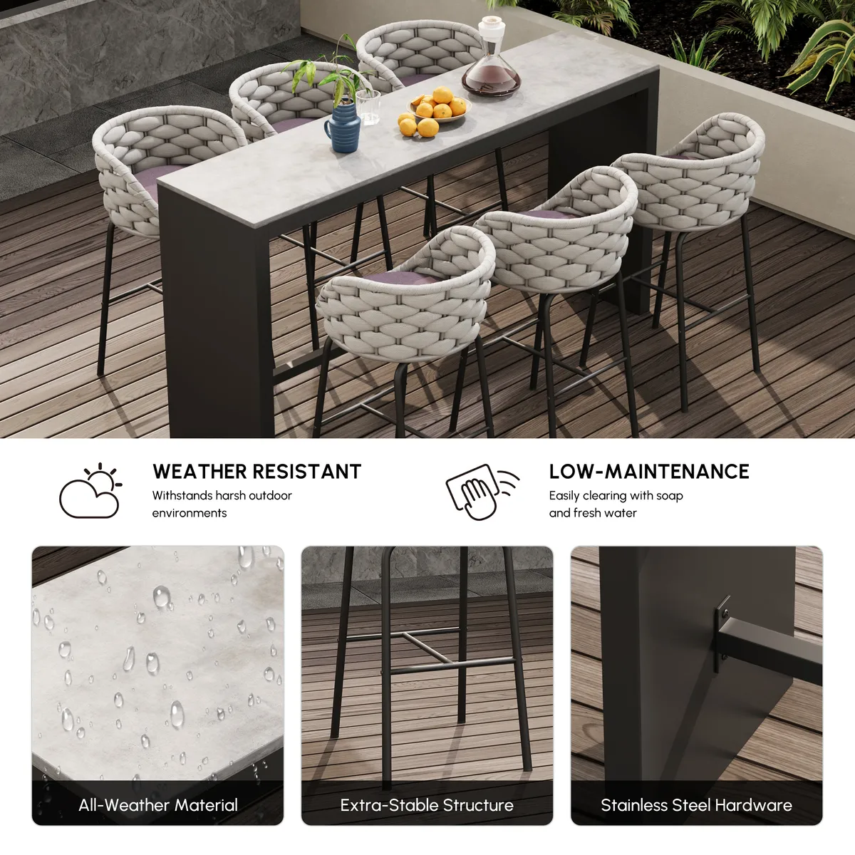 7-Piece Outdoor Sintered Stone & Aluminum Bar Dining Set with 6 Bar Stools — image 15