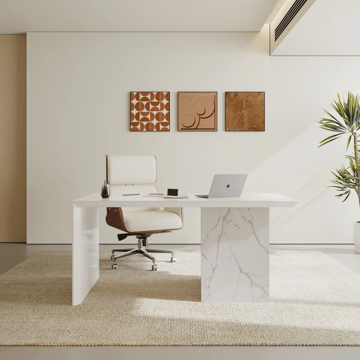 60" Modern MDF & Marble Veneer Desk & Off White Home Office Chair Set High Back — image 2