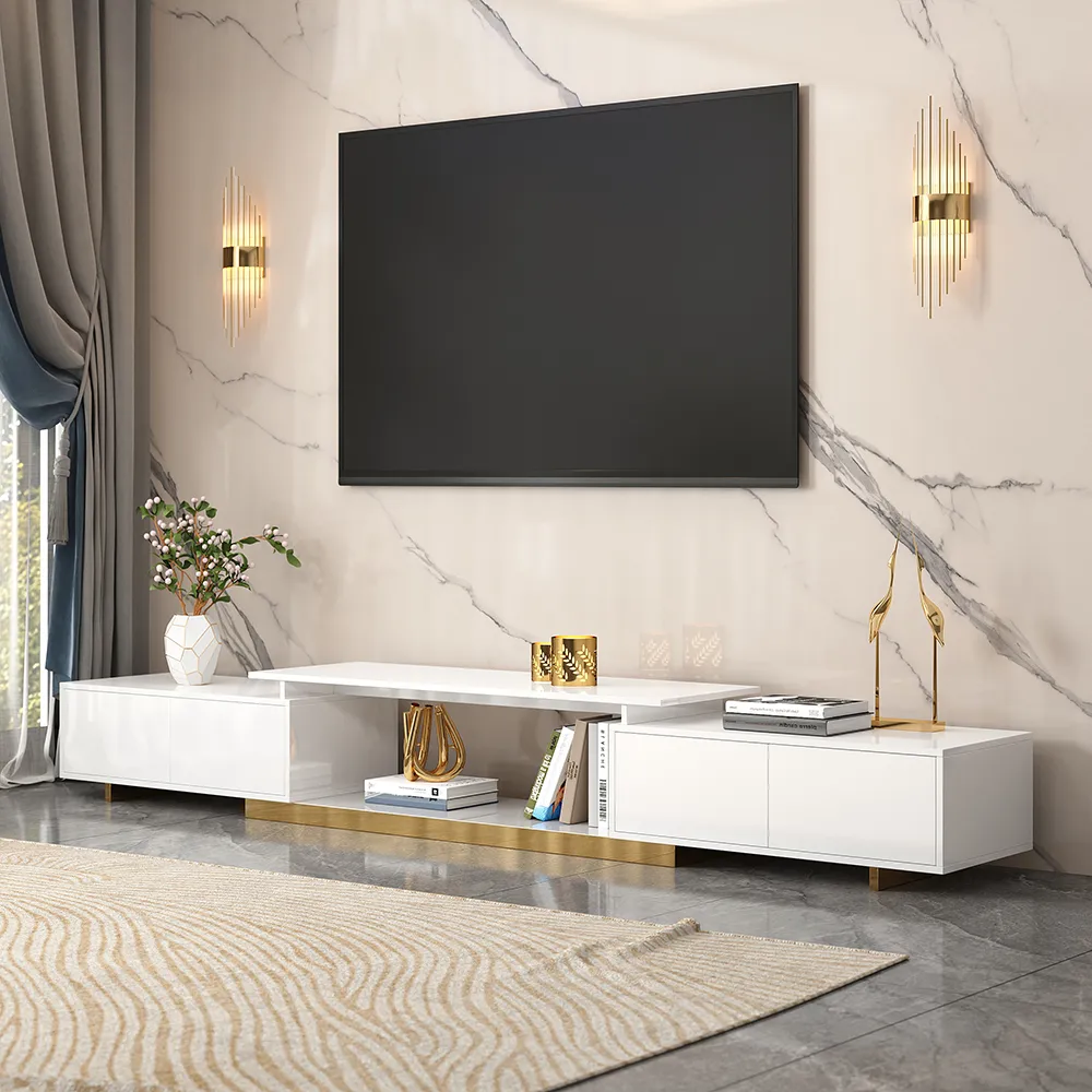 Living Room Cabinet Set Rectangle Glossy White Extendable TV Stand & 70.8" Glossy White Coffee Table Set — image 5
