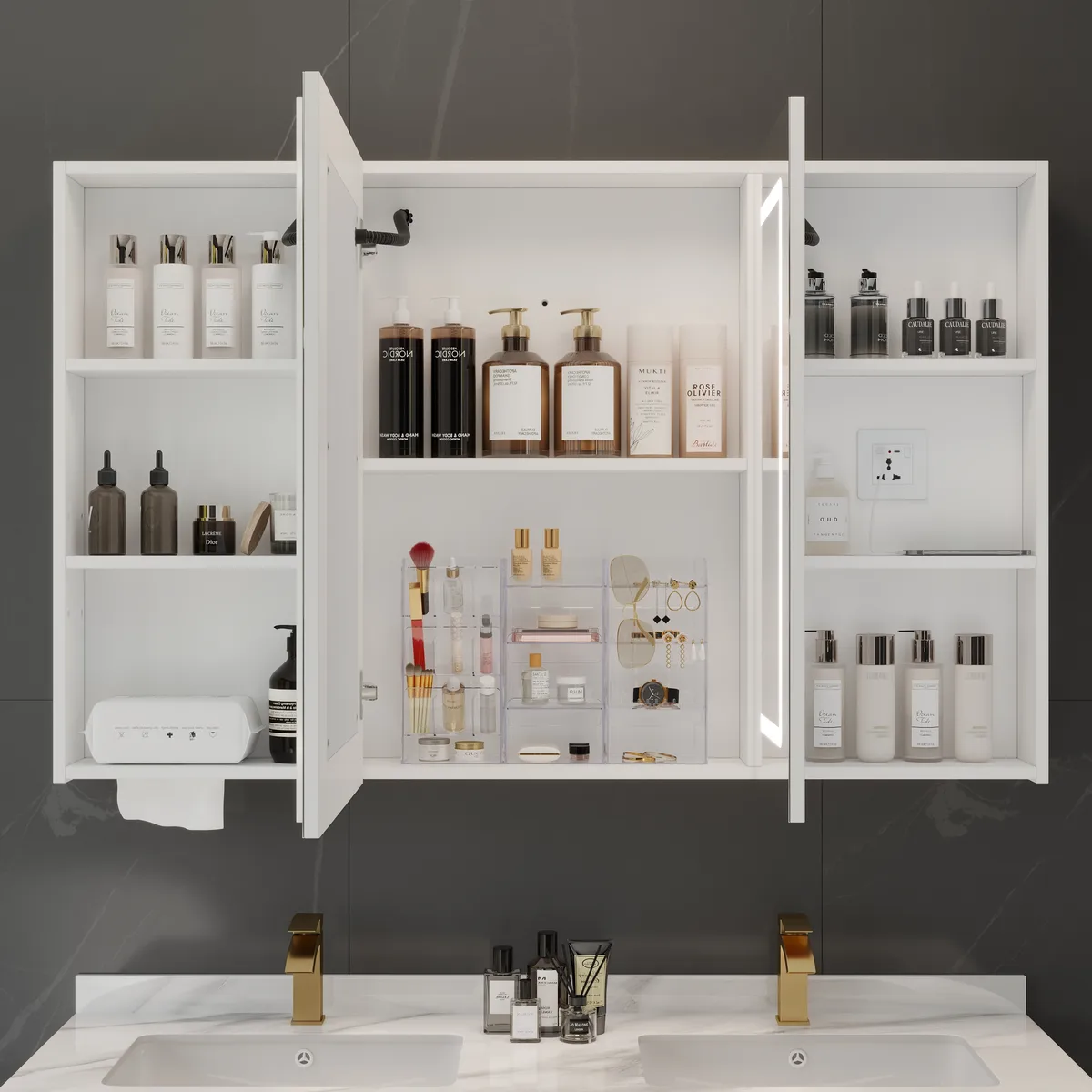 47" LED Bathroom Medicine Cabinet Dimmable with Defogger, Tissue Slot and Outlet — image 6