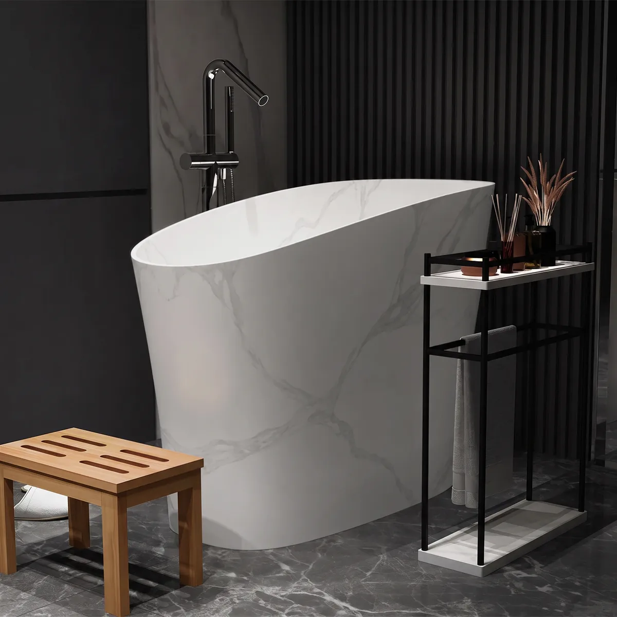 47" Japanese Irregular Freestanding Stone Resin Soaking Bathtub, Marble Look — image 12