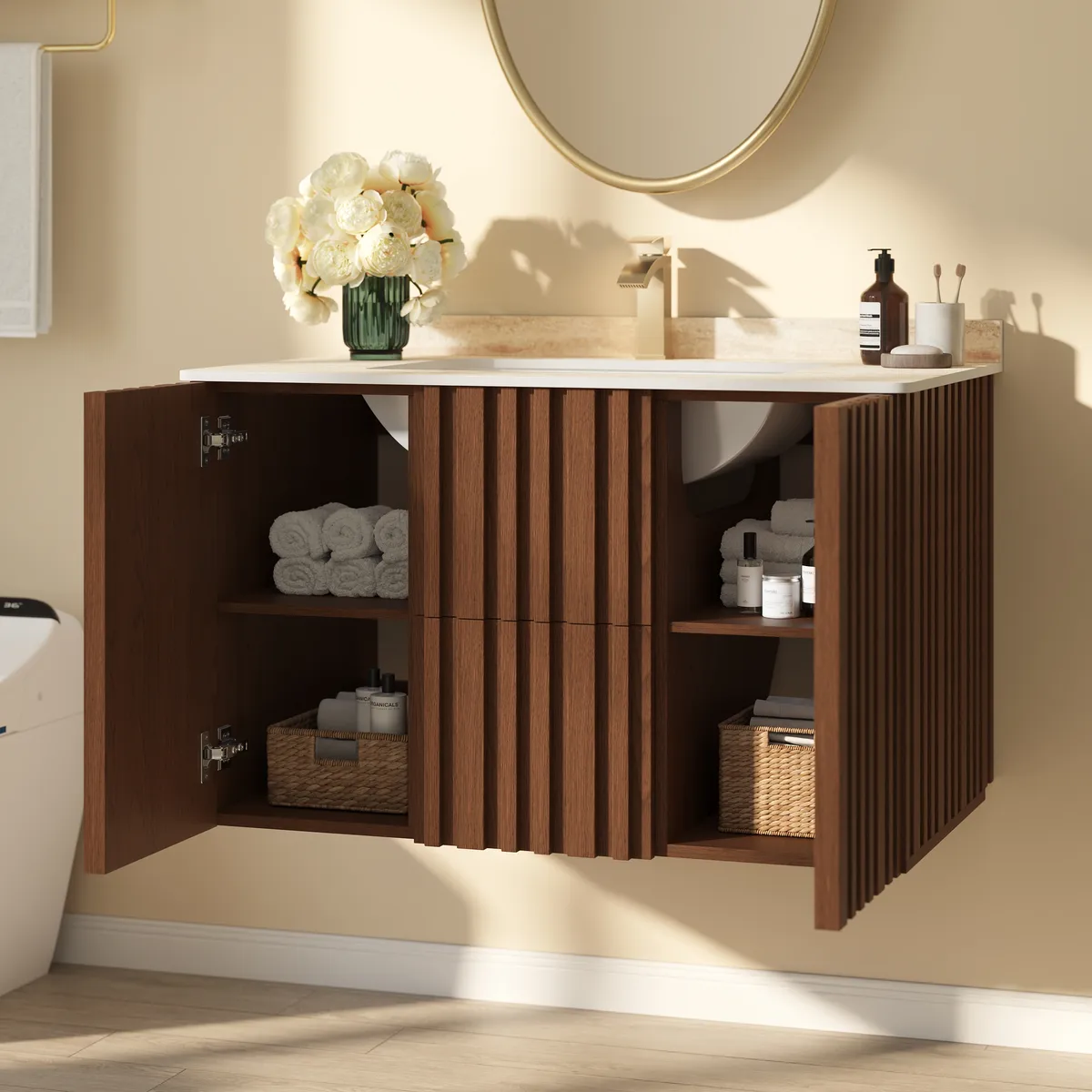 Aura 36" Bathroom Vanity with Light Ash Wood Slatted Panels Faux Travertine Top — image 3