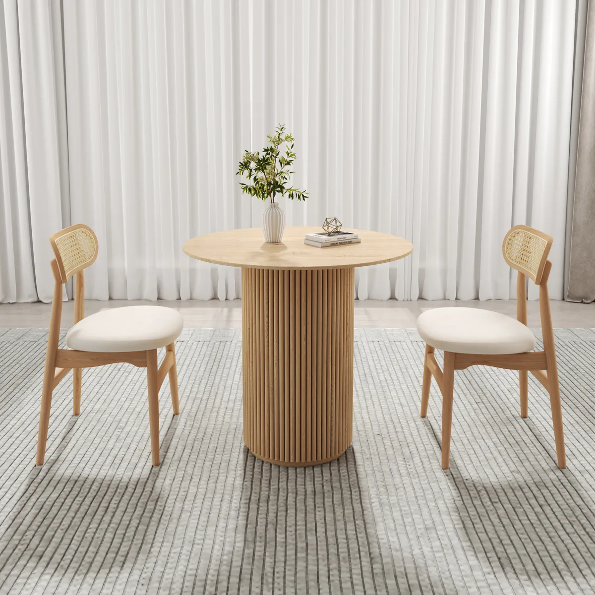 Dining Table Set Round Small Dining Table & 2-Piece Natural Rattan Upholstered Dining Chairs — image 3