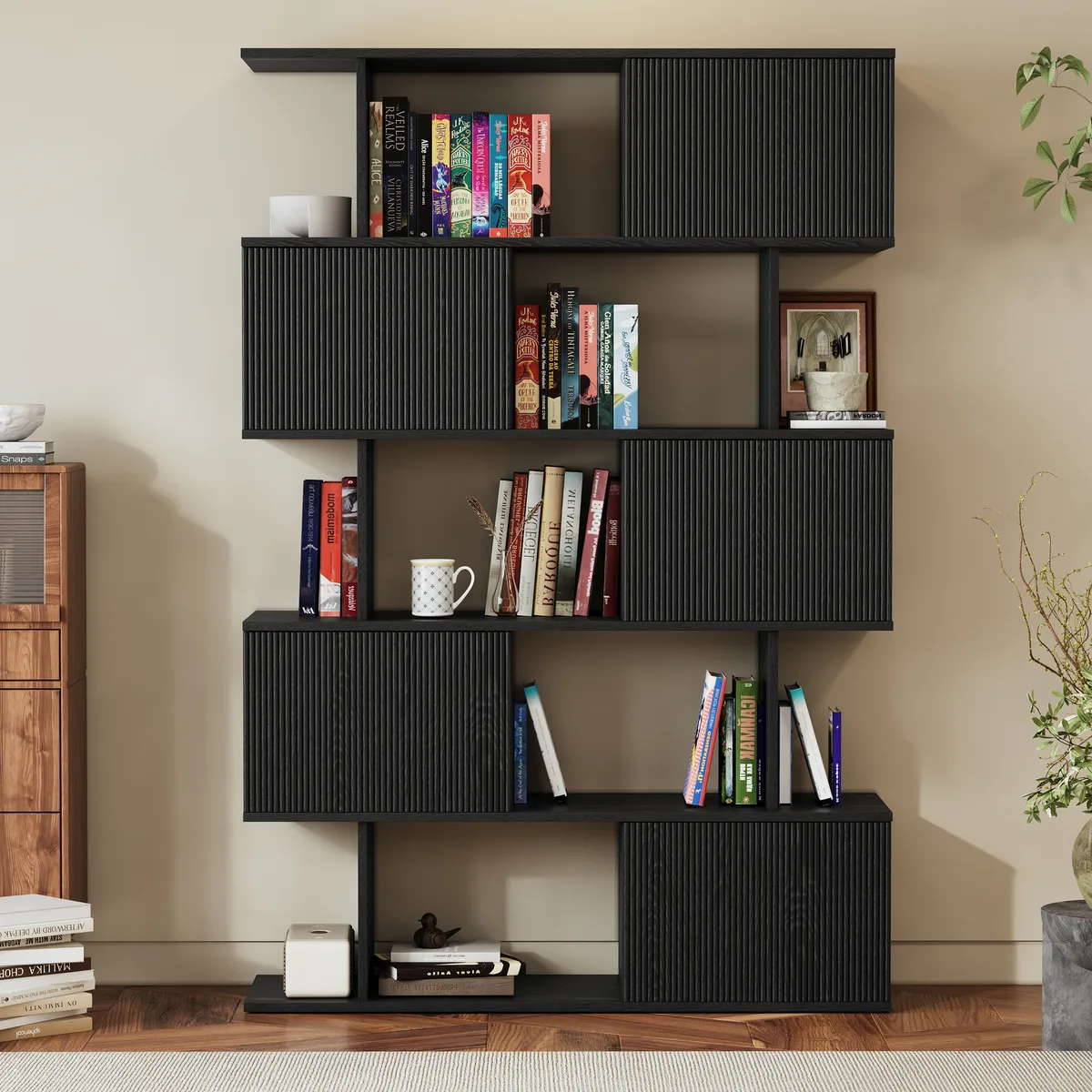Modern 60" Black Standing Office Desk & Sliding Door Etagere Bookshelf — image 5