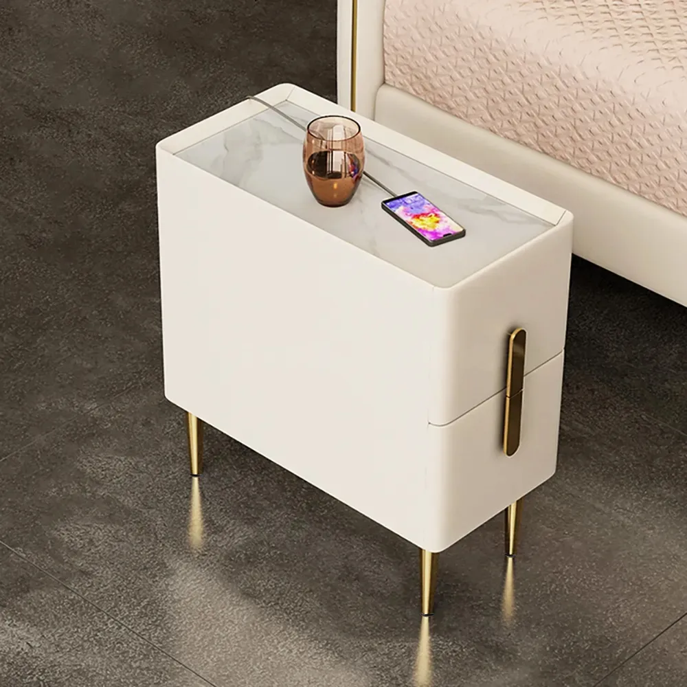 Inarrow Modern Beige Nightstand Bedside Table with 2 Drawers in Gold Legs — image 4