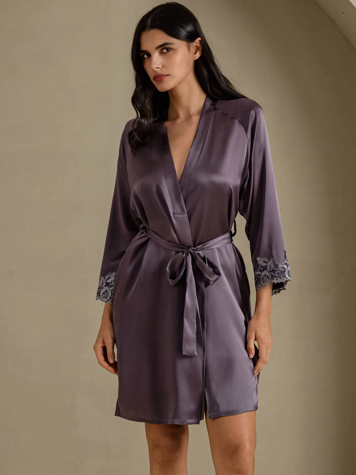 Women's 100% Mulberry Silk 3/4 Sleeve Lace Robe — image 3