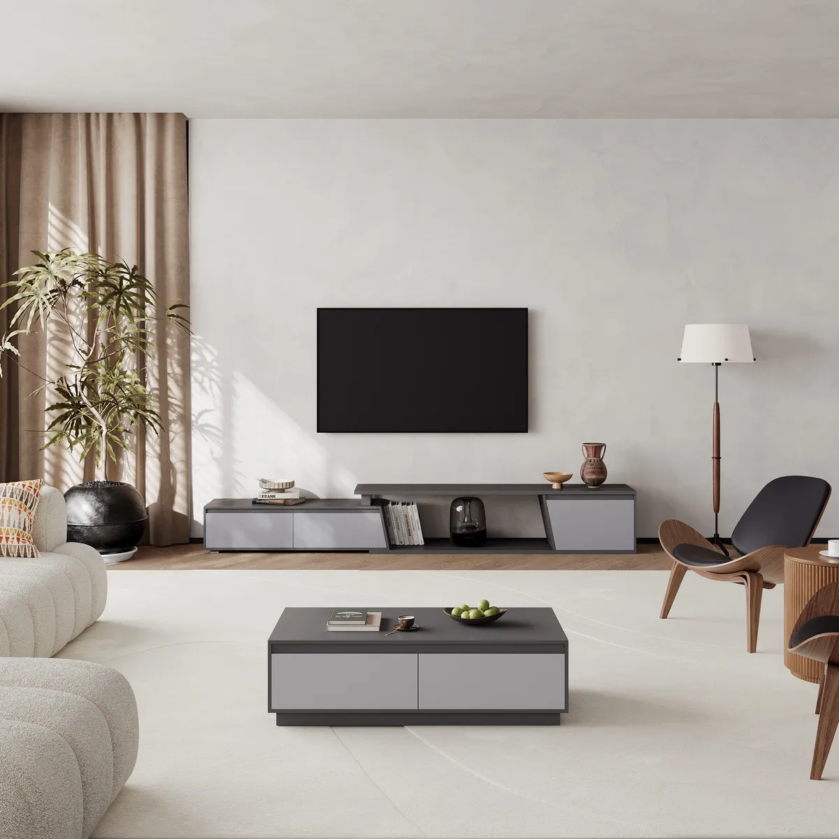Fero Minimalist Rectangle Gray Extendable TV Stand with 3 Drawers Up — image 18