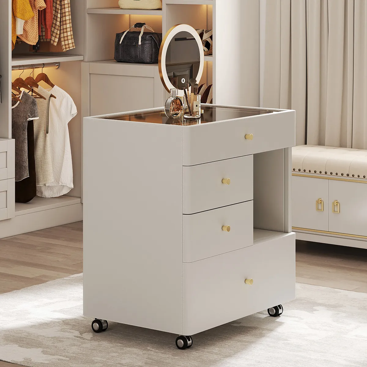 Saddle Leather Walk-In Closet Island Jewelry Dresser with Glass Top — image 4