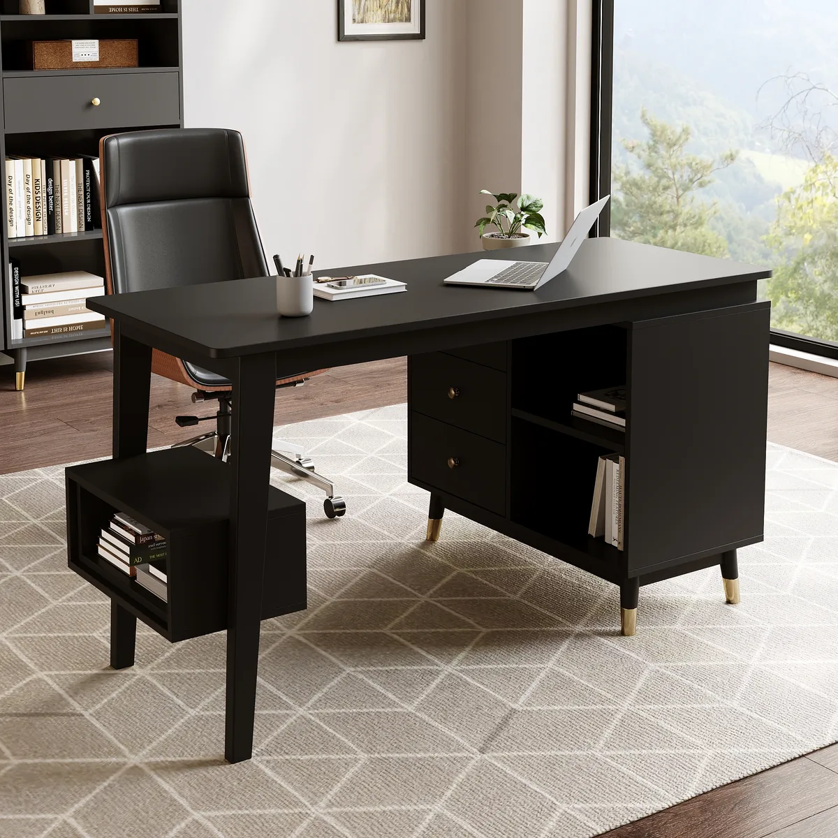 Ultic Gray Reversible L-Shaped Desk & Faux Leather Office Chair Set with Wheels — image 12
