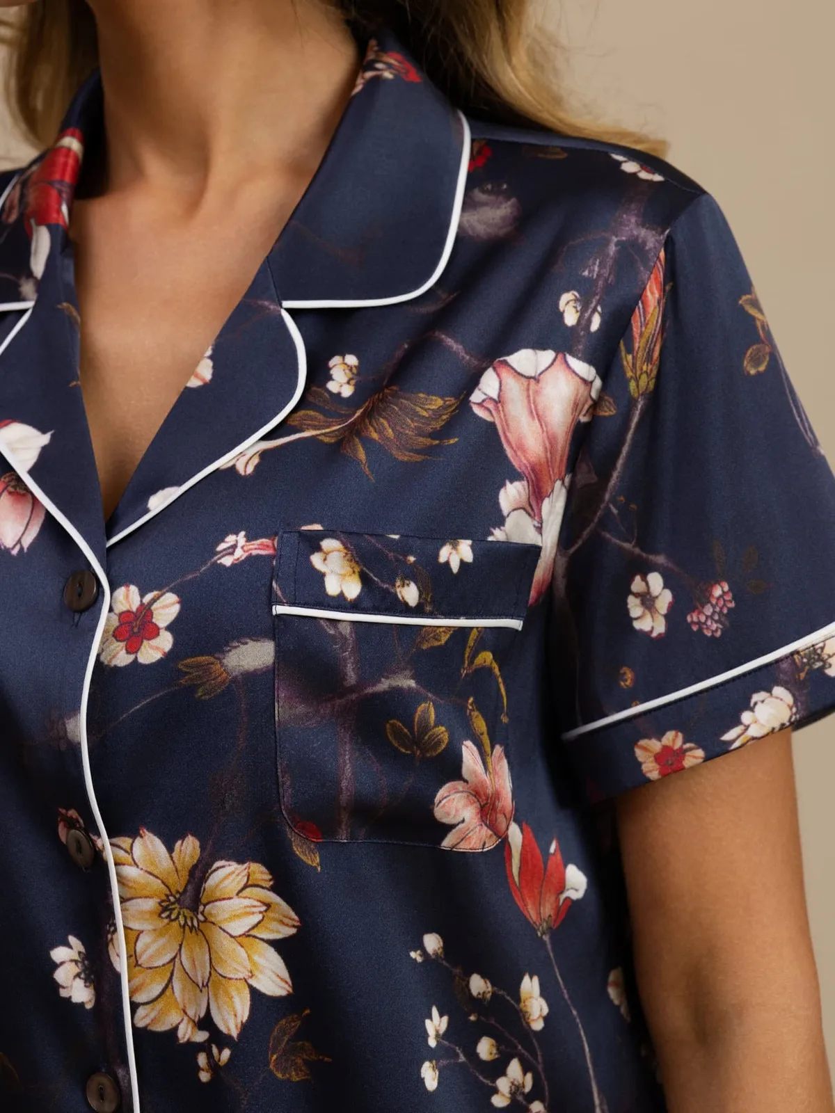 19Momme Silk Women's Navy Floral Print Short Sleeve Lapel Collar Button Up Pajamas Set — image 4