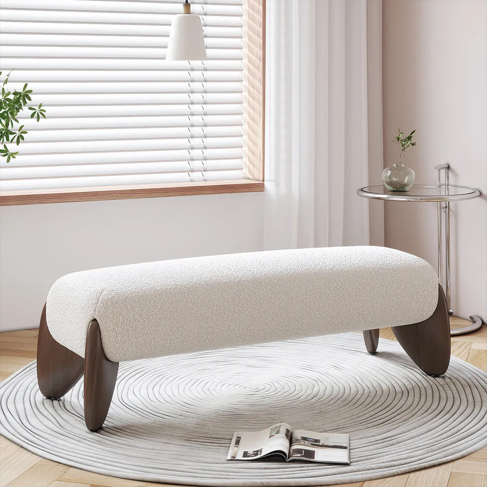 Modern White Boucle Bedroom Bench Upholstered Long Bench with Wood Legs — image 5
