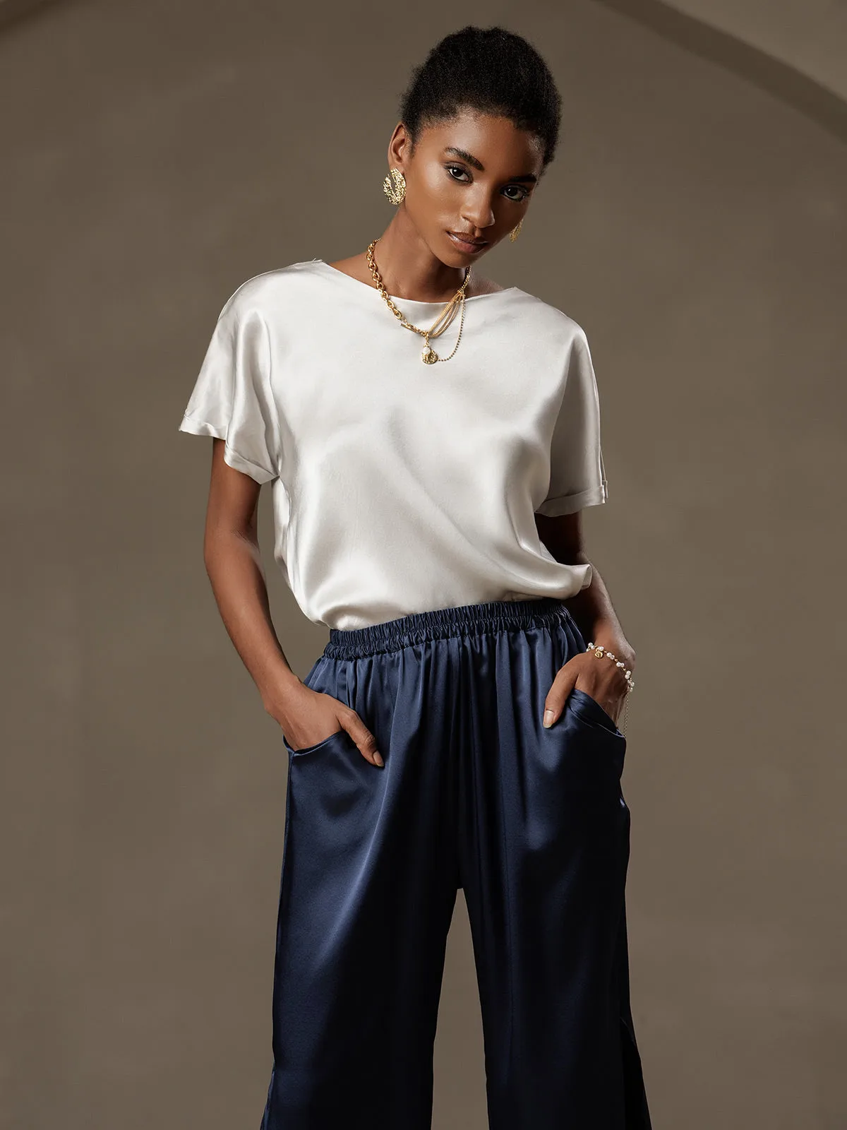 19Momme Silk Short Sleeve Boat Neck Cuffed Sleeve Women's T-Shirt — image 3