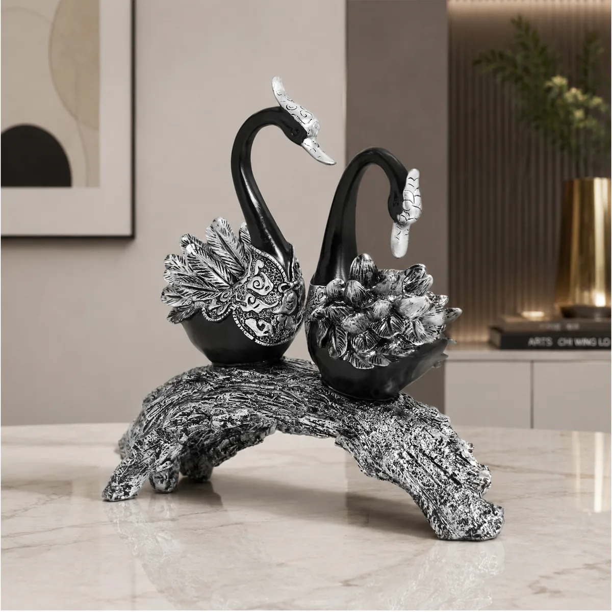Swan Couple Resin Sculpture in Black & Silver for Home Table Decor — image 24