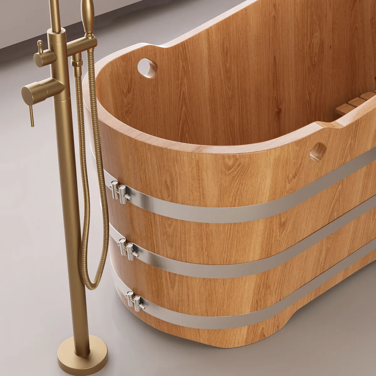 59" Japanese Oak Wood Soaking Bathtub Freestanding Modern Natural Bathtub — image 6