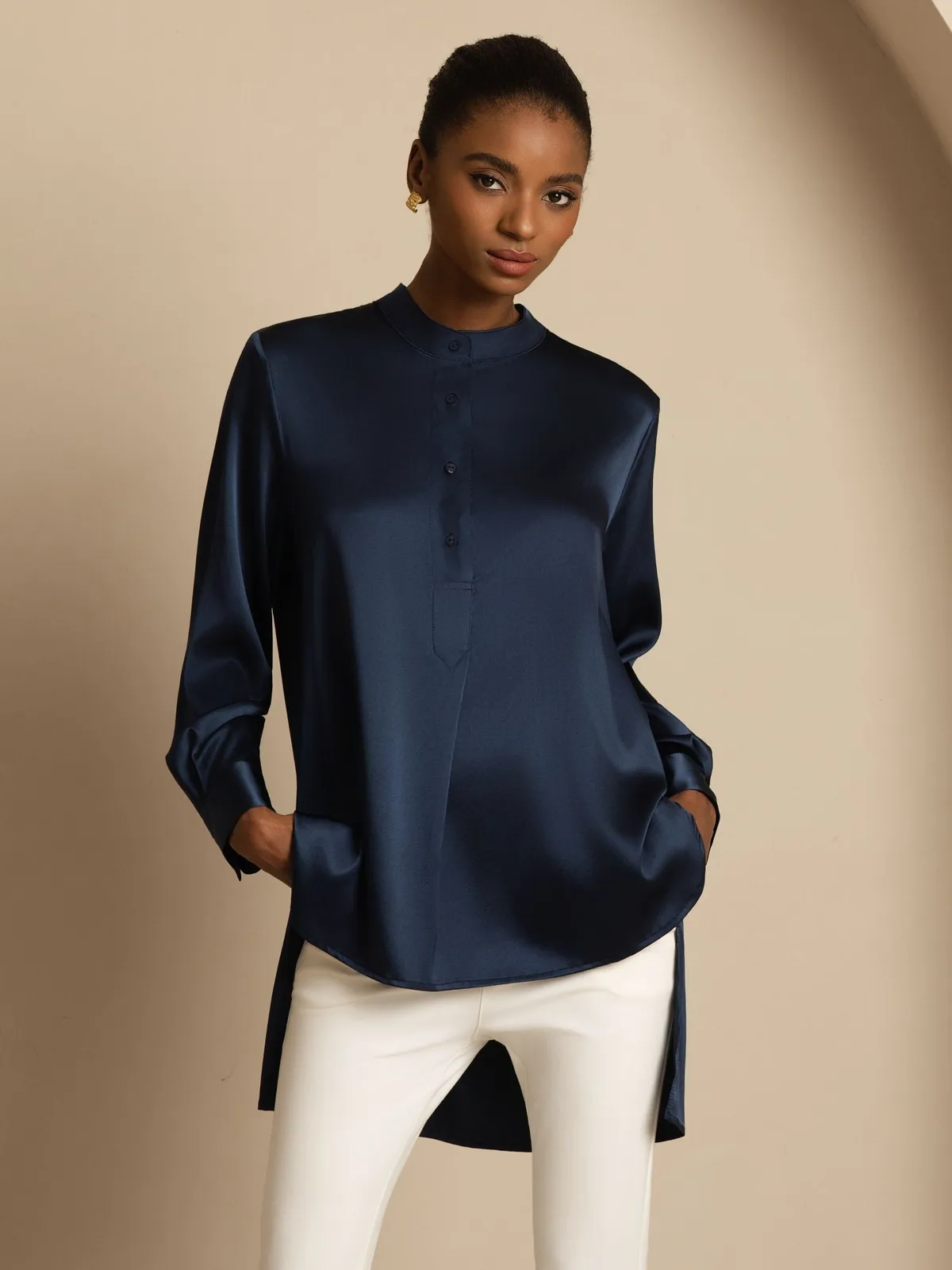 19Momme Silk Women’s Stand Collar High-Low Blouse With Button Detail — image 4
