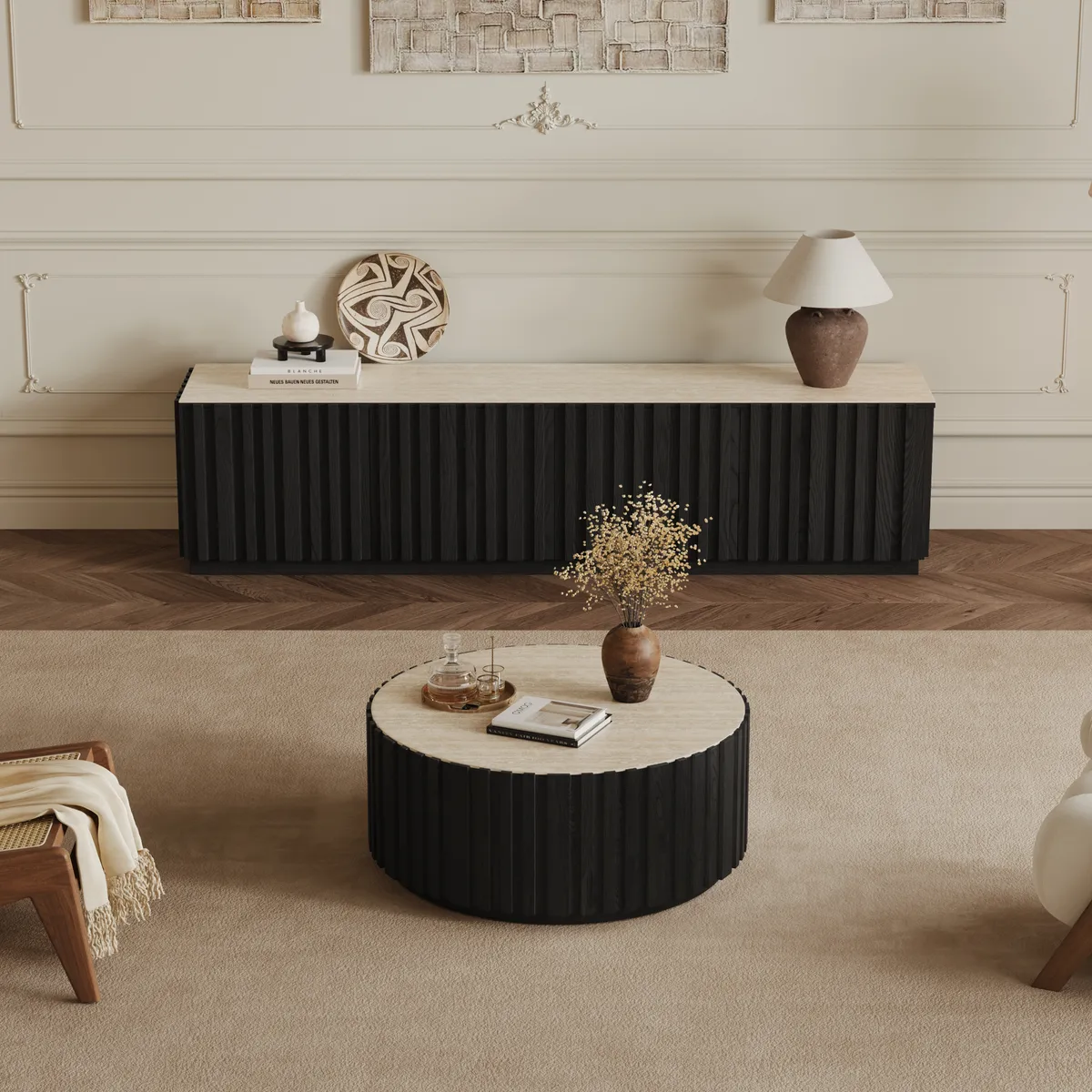Aura 35" Ash Wood Slatted Round Coffee Table with Sintered Stone Top — image 6