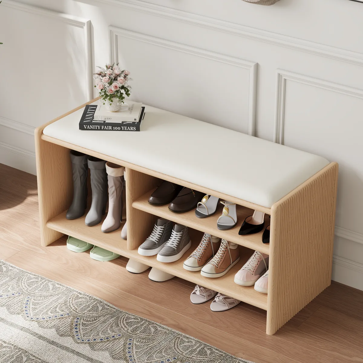 Modern Leather Upholstered Entryway Bench Shoe Storage — image 12