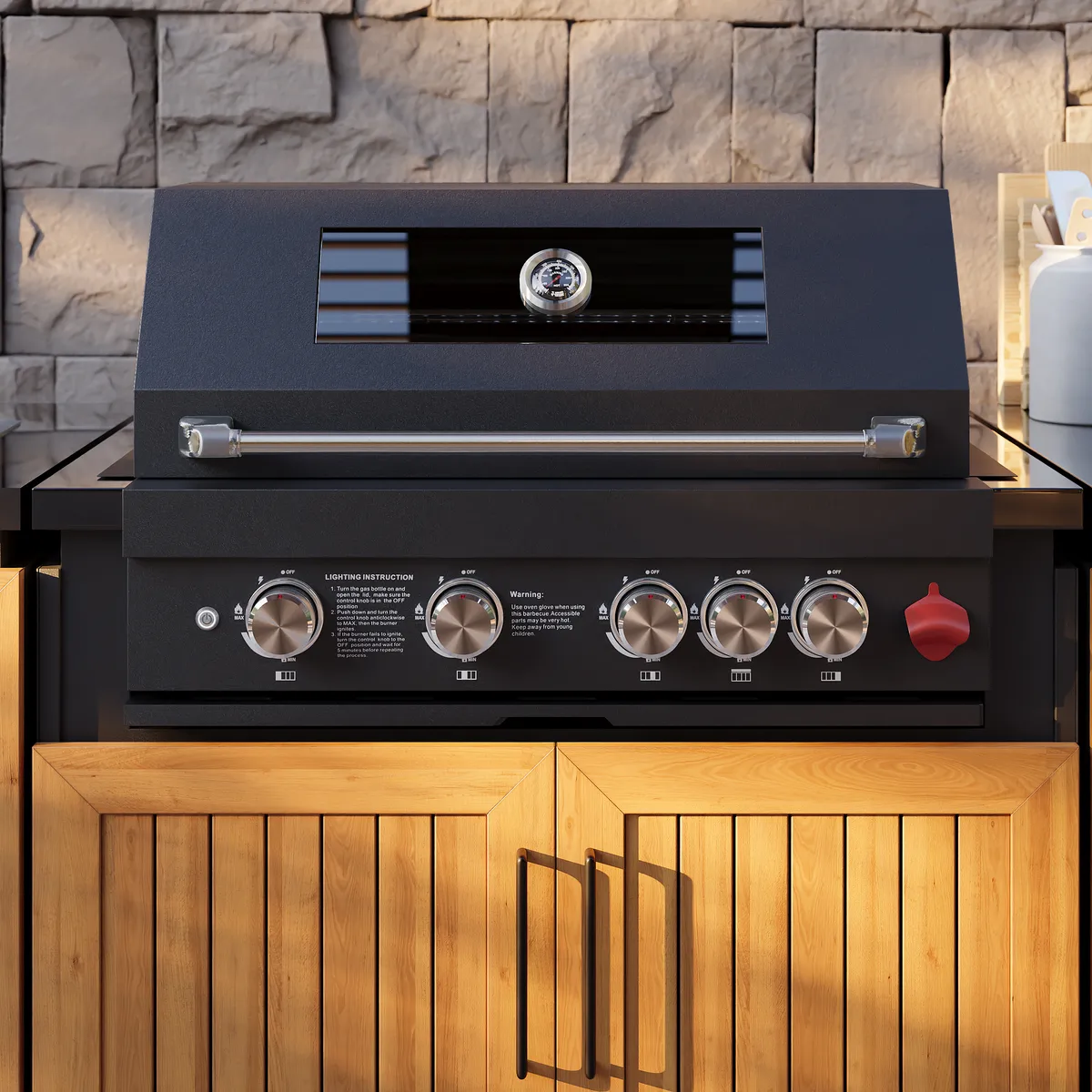 Tevara Modular Outdoor Barbecue Kitchen Cabinet with Propane Gas Grill Stainless Steel Movable BBQ Grilling Island in Black (118" W) — image 8