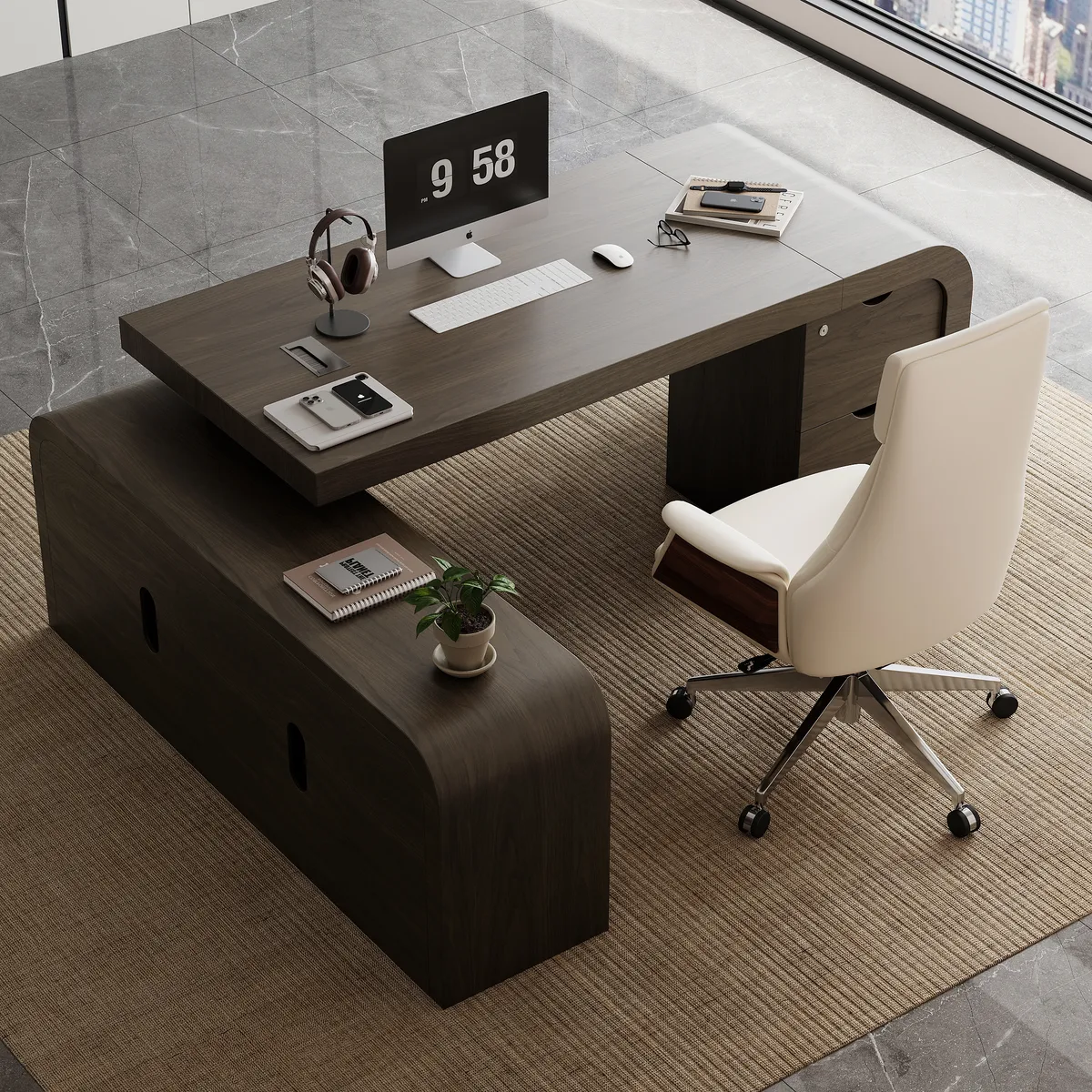 Chicent 71'' L-shaped Smoked Brown Computer Desk with Cabinet Left Hand — image 7