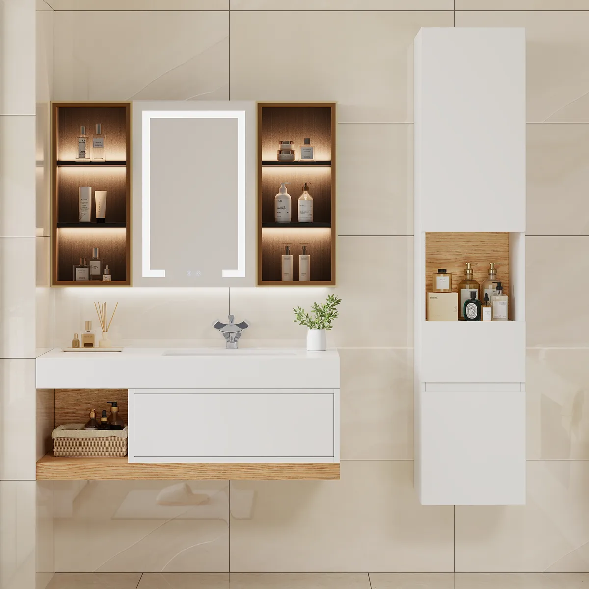 Homary Bathroom Cabinet | High Cabinet Natural & White - 13.8" x 13.8" x 63", With Drawers — image 2
