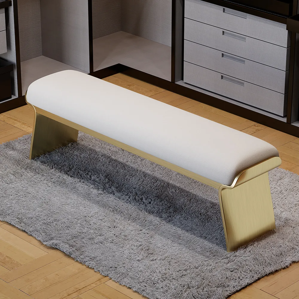 Beige Modern Stainless Steel Bench Leath-Aire Upholstered Bedroom — image 12