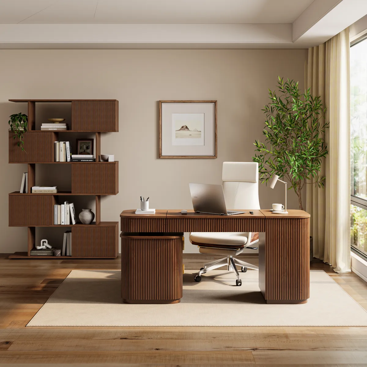 Modern 65" L-Shape Natural Executive Desk with Right-Side Cabinet — image 26