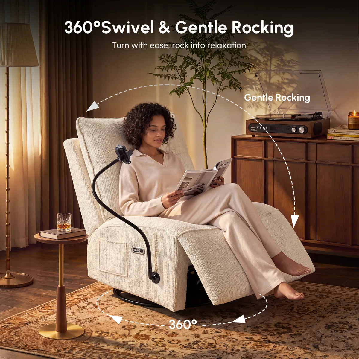 Performance Linen Power Swivel Rocker Recliner Accent Chair with Phone Holder — image 8