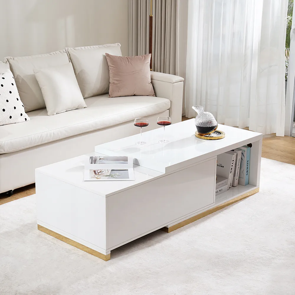 Living Room Cabinet Set Rectangle Glossy White Extendable TV Stand & 70.8" Glossy White Coffee Table Set — image 8
