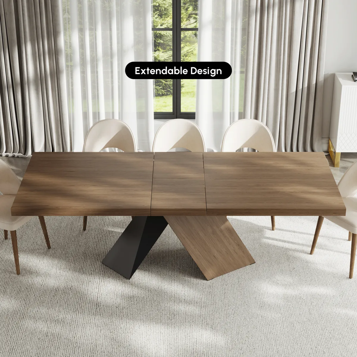 Dining Table Set 64"-79" Rectangle Extendable Dining Table & 4 Archic Japandi Rattan Dining Chairs — image 26