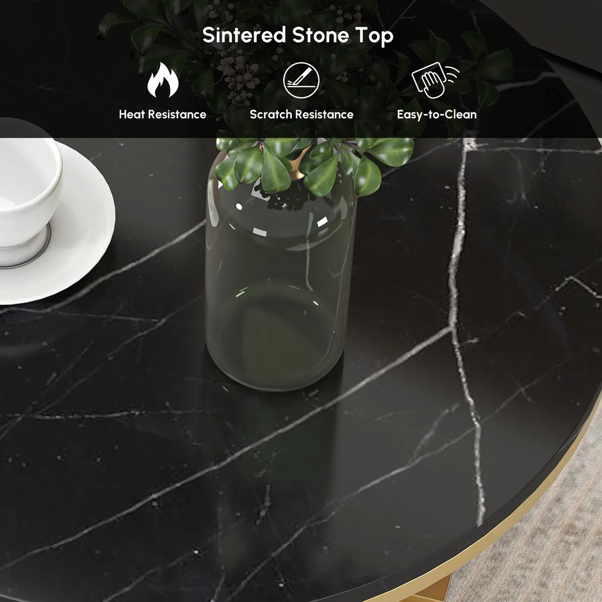 Round Marble Tabletop End Table with Metal Frame Modern Black & Gold Side Table — image 18