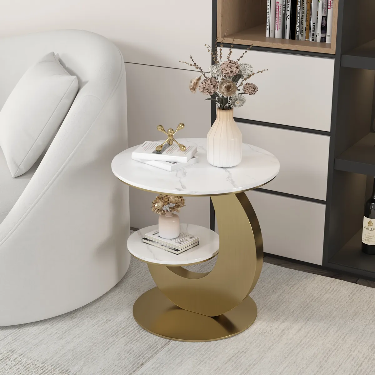 Round Faux Marble 2 Tier End Table Modern White & Gold Side Table — image 14