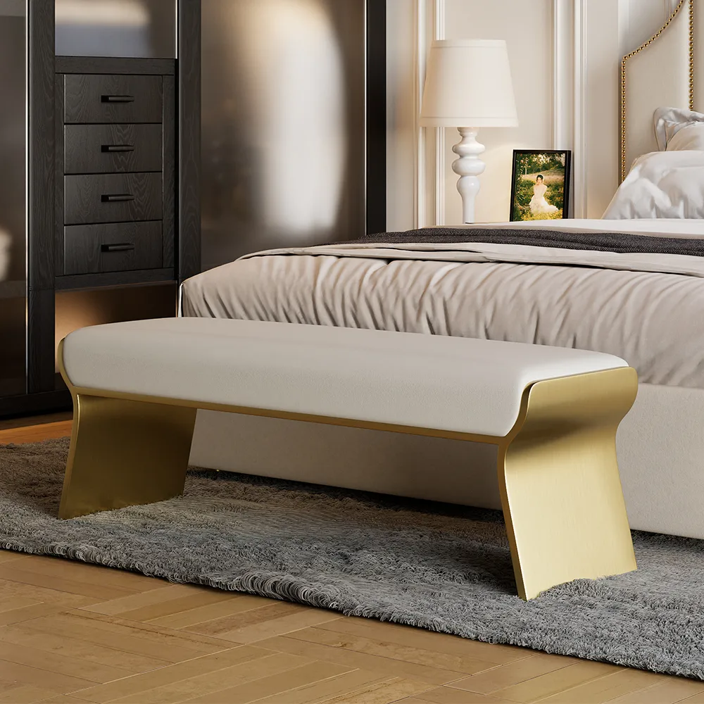 Beige Modern Stainless Steel Bench Leath-Aire Upholstered Bedroom — image 2